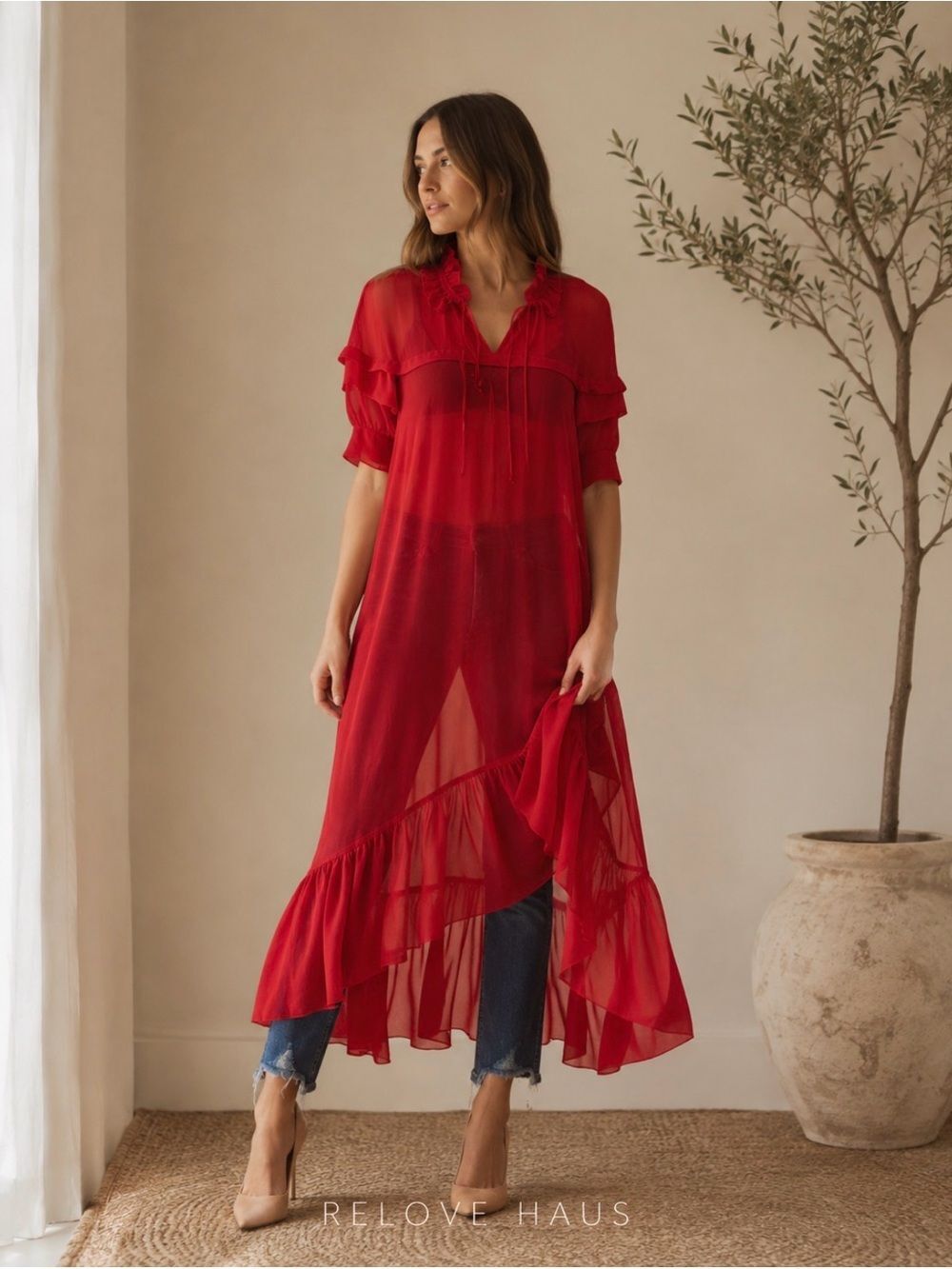 Sandro Paris Joy Rouge Écarlat Ruffled Midi Dress Red Sheer Romantic 38- US 6